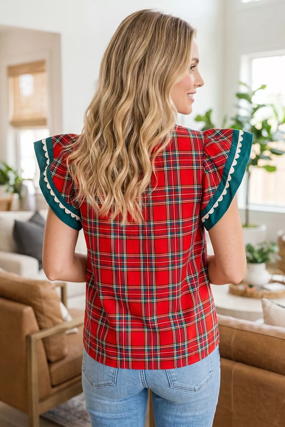 Plaid V Neck Short Sleeve Shift Blouse, image 2
