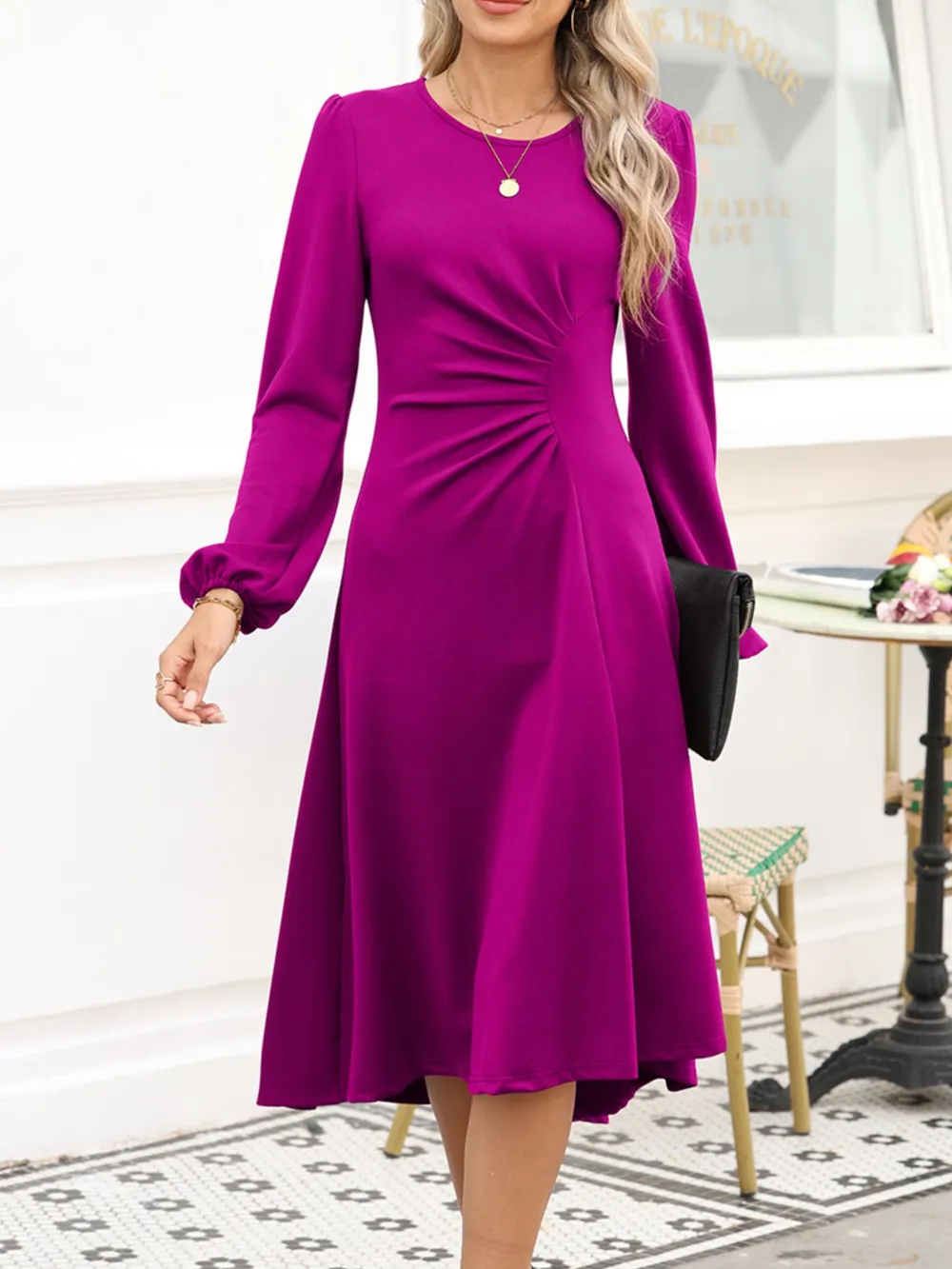 Solid Color Ruched Detail Long Sleeve Midi Dress, image 12