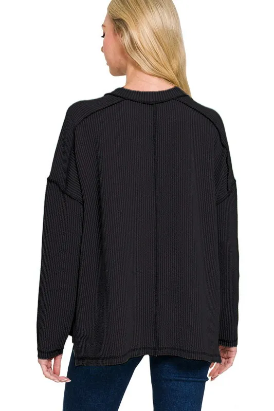 Full Size Exposed Seam Long Sleeve Corded Rib Knit Top Plus Size, image 2