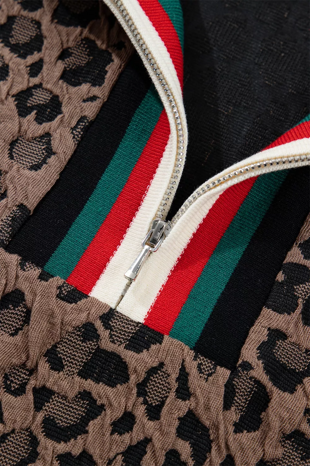 Leopard Jacquard Striped Patchwork Half Zip Short Sleeve Blouse, image 9