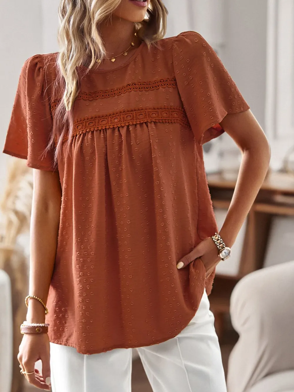 Lace Detail Round Neck Short Sleeve Blouse, image 6