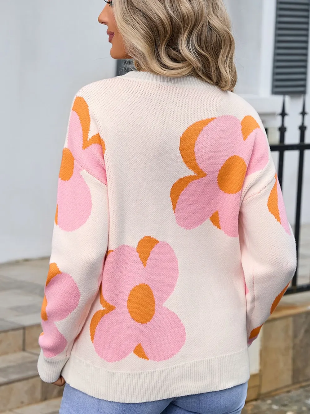 Flower Round Neck Long Sleeve Sweater, image 8