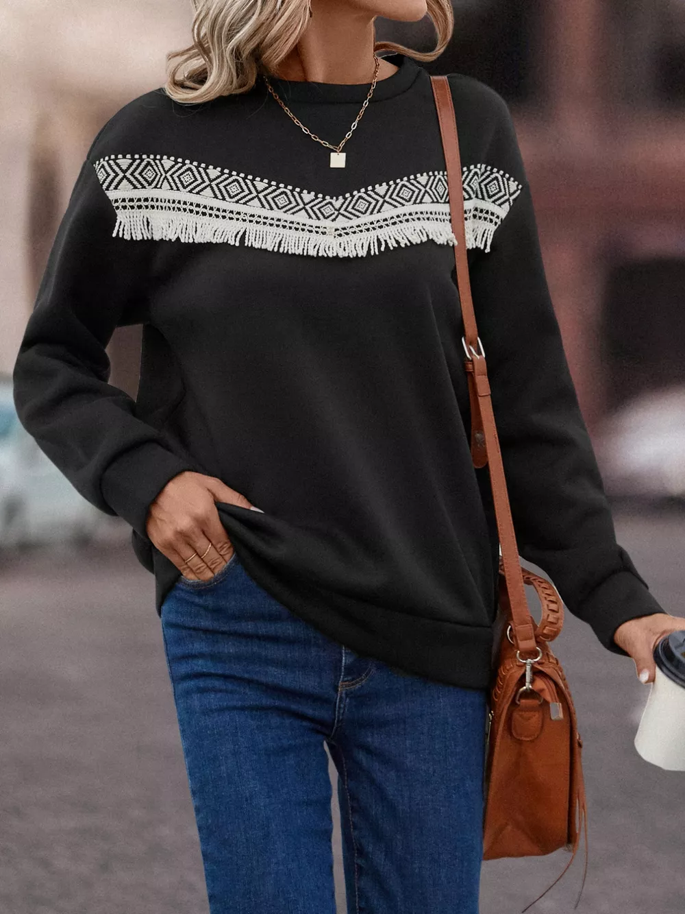 Fringe Trim Crew Neck Sweatshirt, image 5