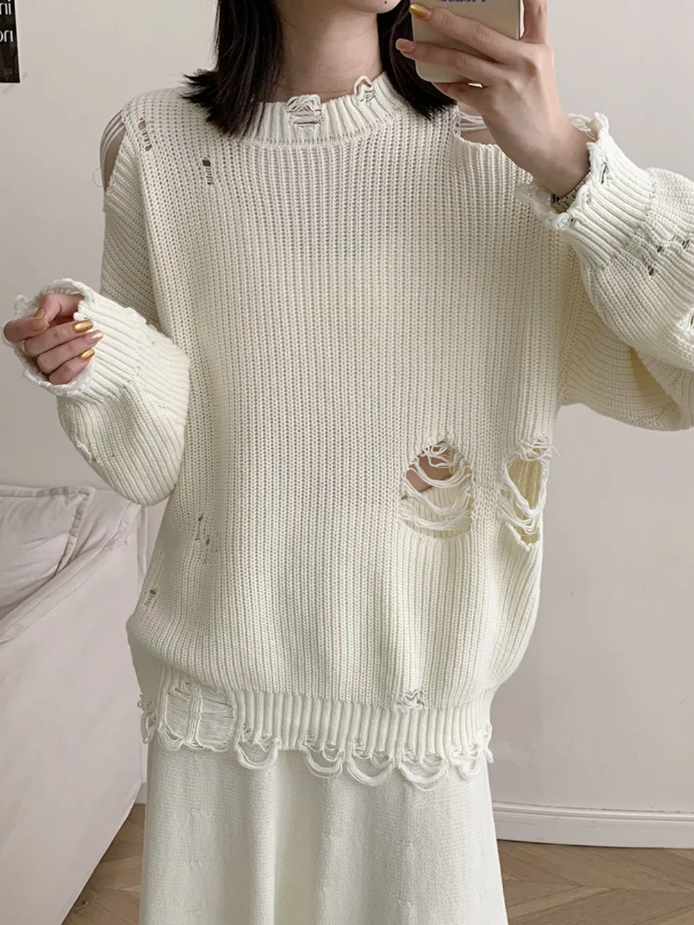 Distressed Long Sleeve Sweater and Skirt Set, image 3