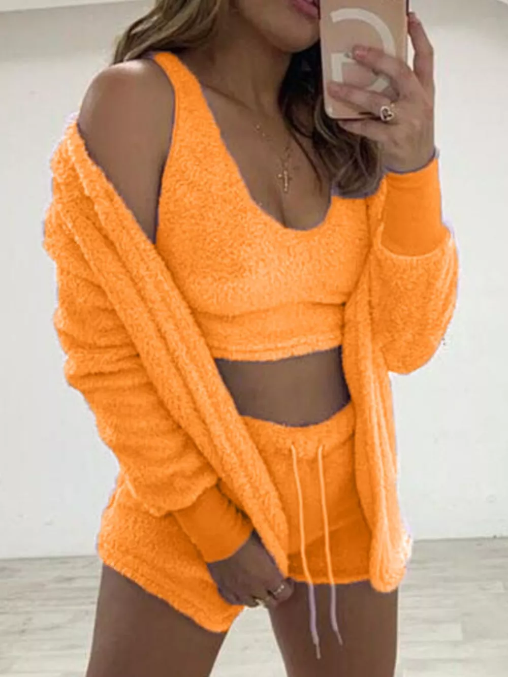 Full Size Fuzzy Tank & Cardigan and Shorts Three-Piece Set Plus Size, image 17