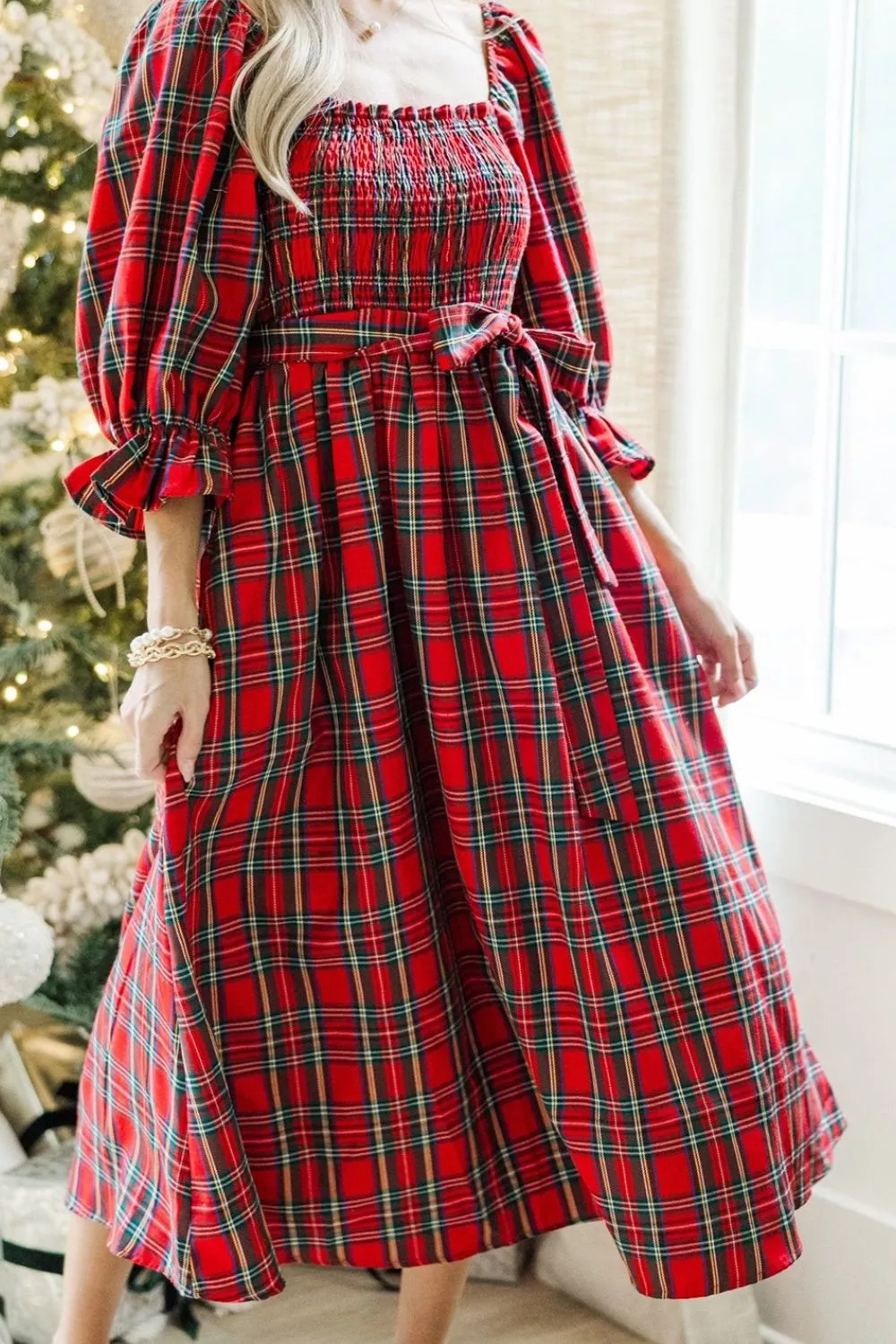 Plaid Smocked Flounce Sleeve Midi Dress, image 4