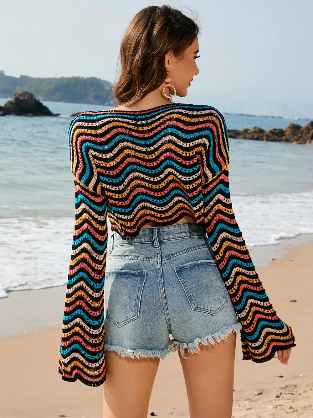 Striped Boat Neck Long Sleeve Cover Up, image 7