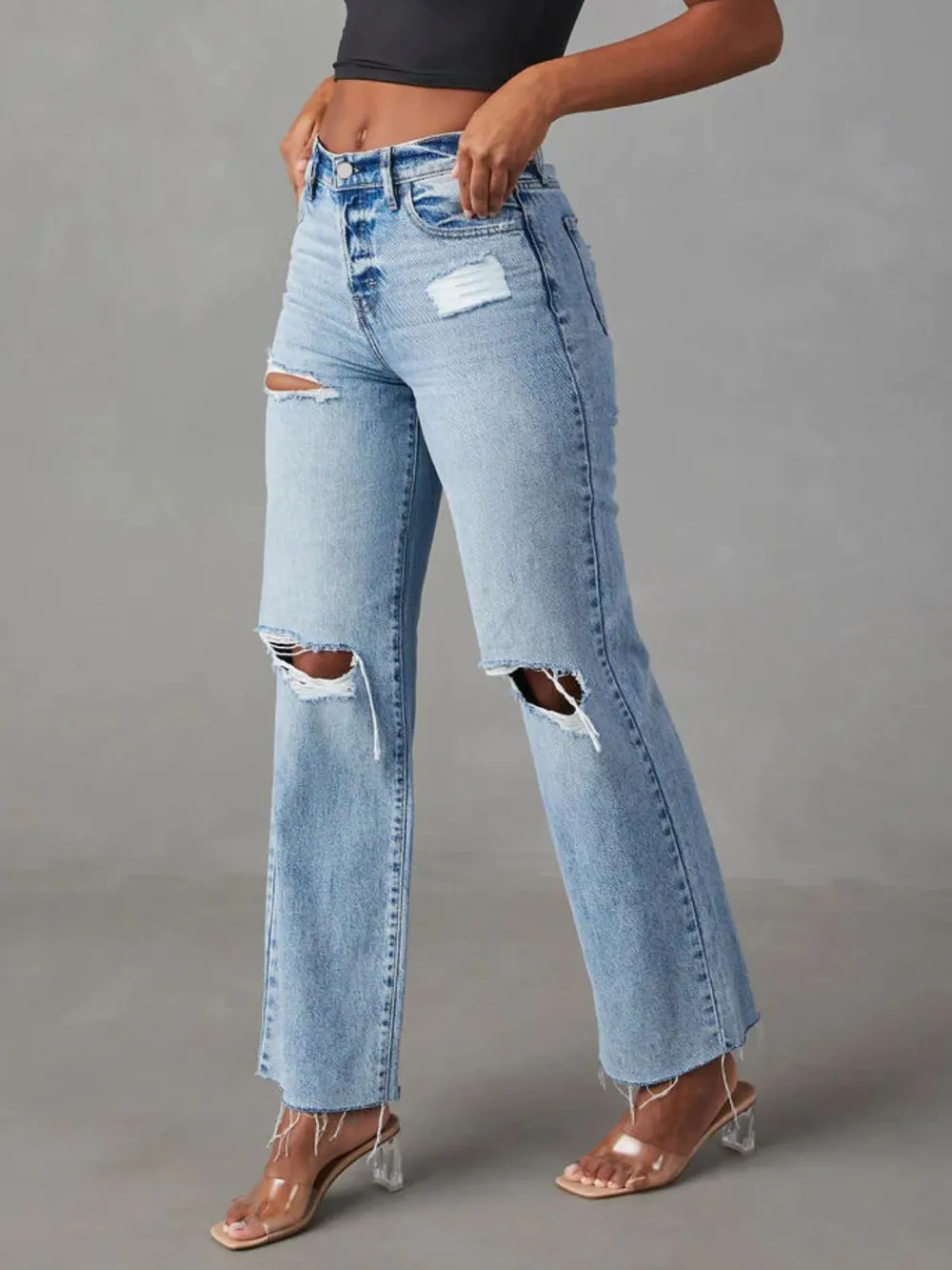 Distressed Straight Leg Jeans with Pockets, image 3
