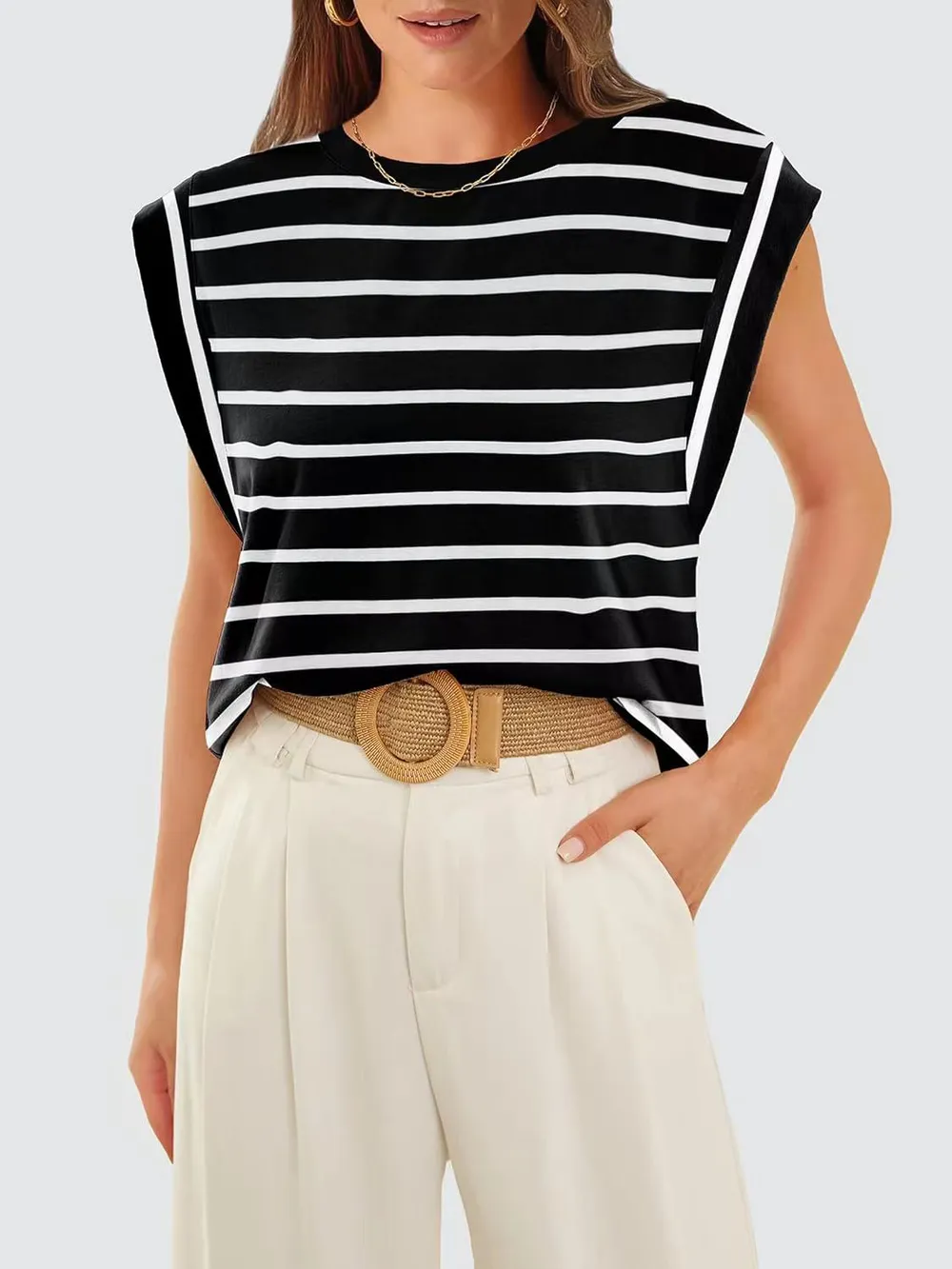 Striped Round Neck Cap Sleeve T-Shirt, image 10
