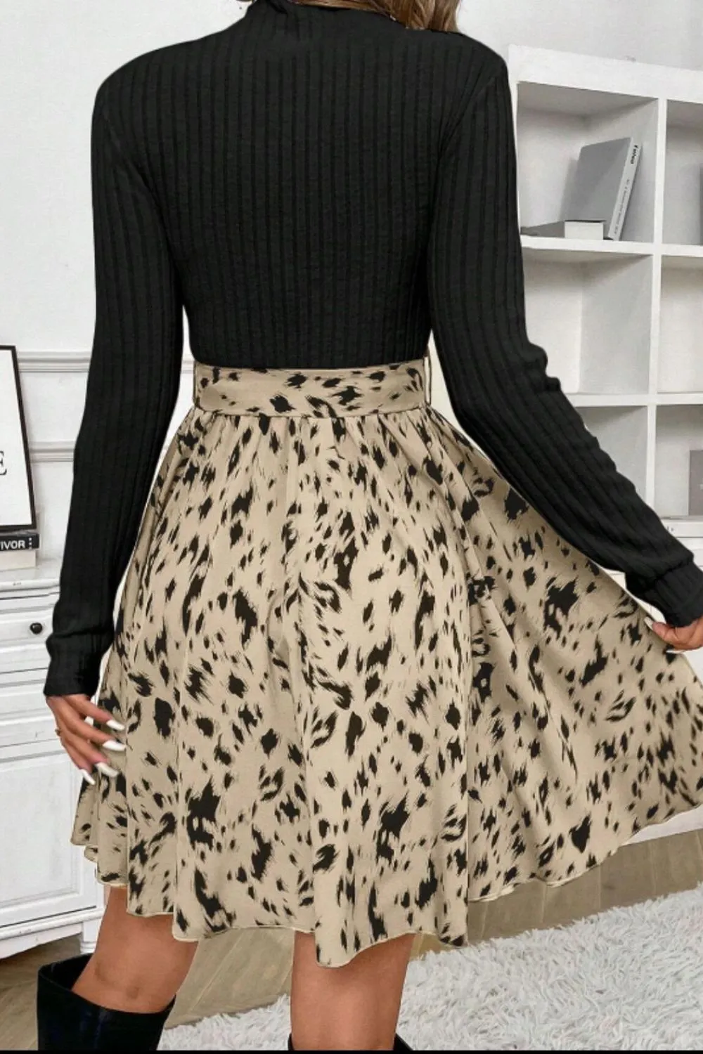 Printed Tie Waist Mock Neck Long Sleeve Dress, image 11