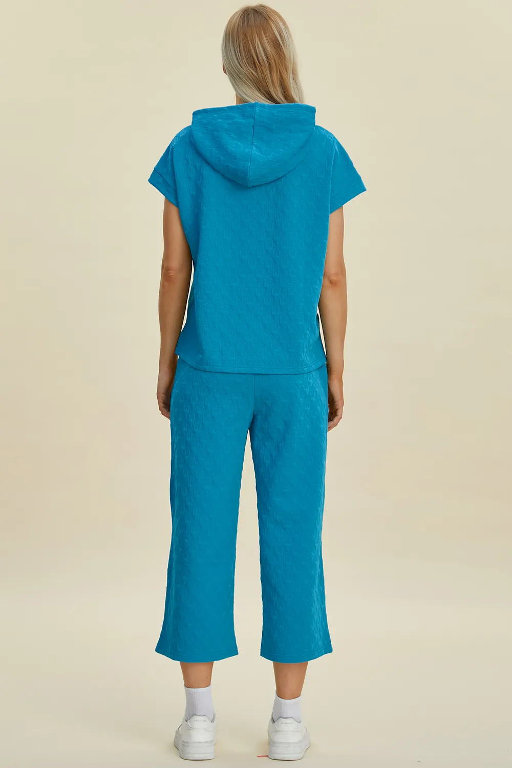 Full Size Texture Drawstring Short Sleeve Hoodie and Pocketed Pants Set, image 6