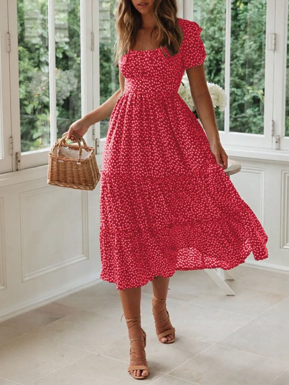 Printed Square Neck Short Sleeve Midi Dress, image 7