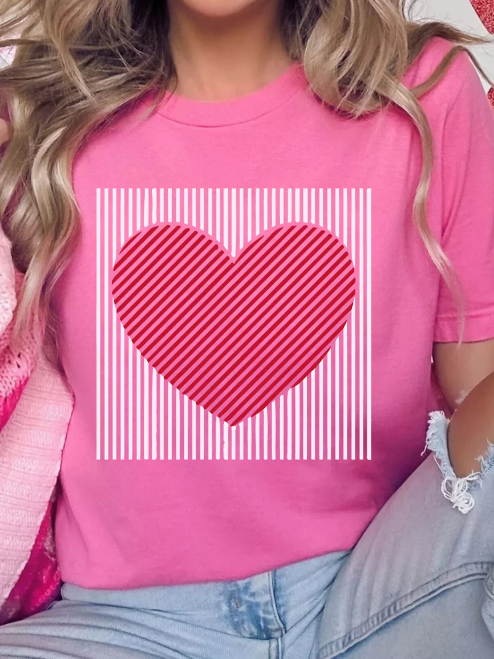 Contrast Striped Heart Printed Valentines Day T Shirt, image 3