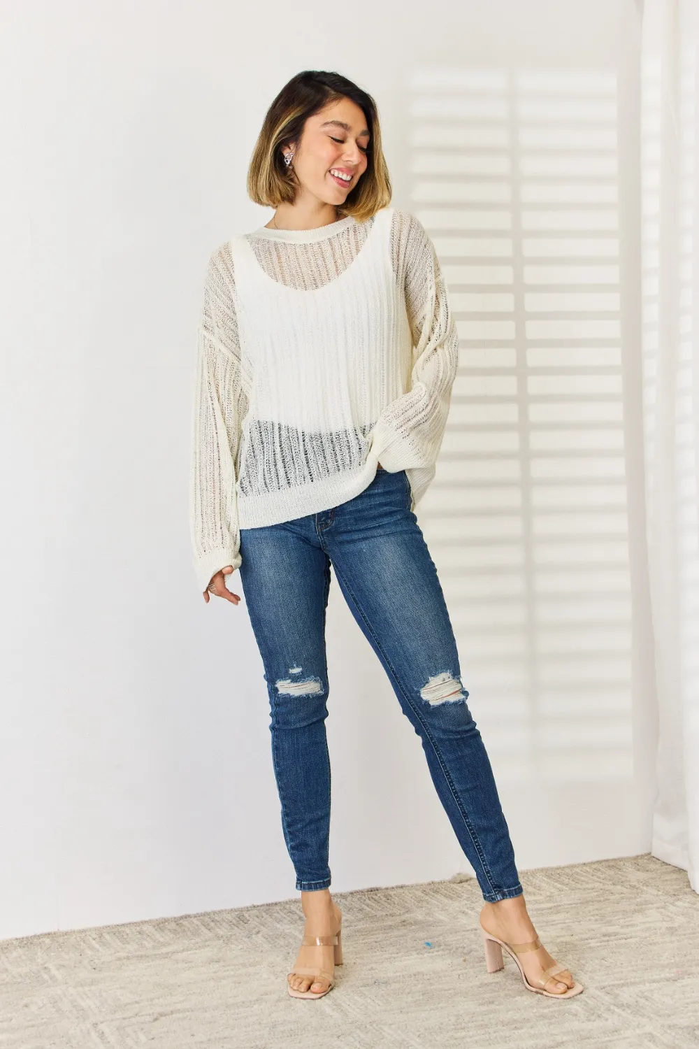 Openwork Ribbed Trim Long Sleeve Knit Top, image 6