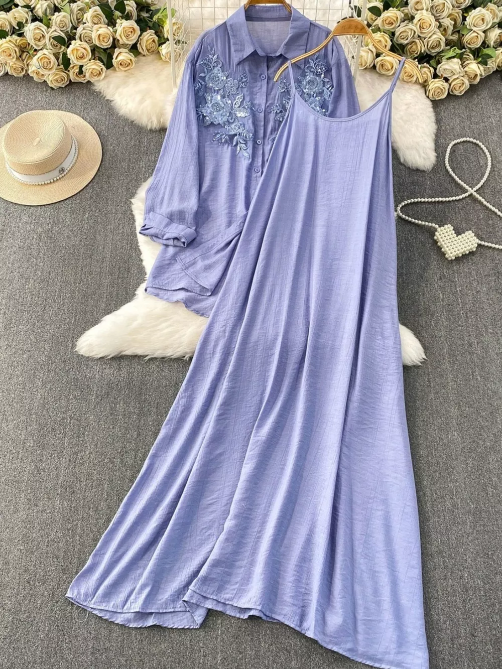Sequin Flower Button Up Shirt and Cami Dress Set, image 20