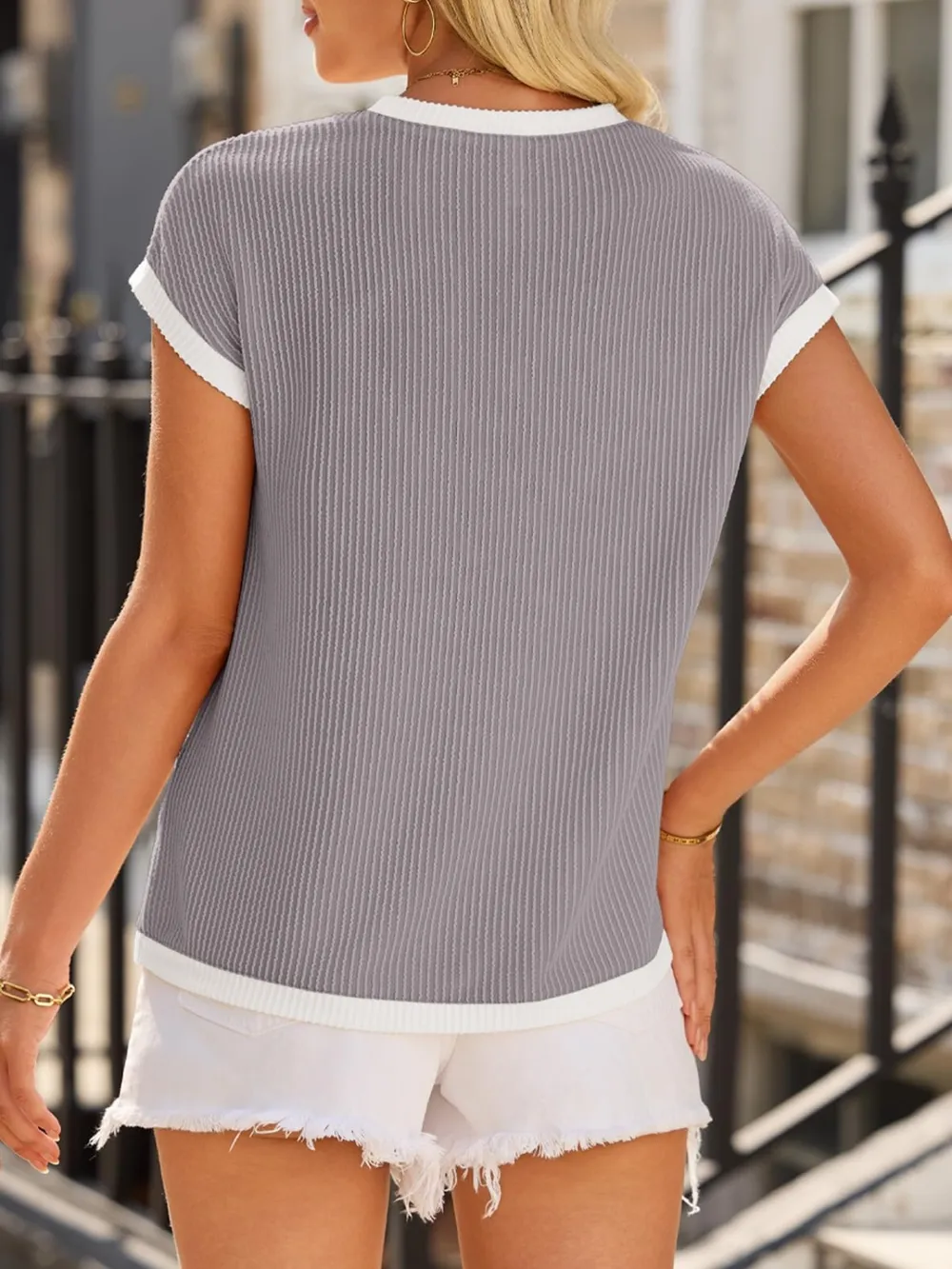 Contrast Trim Round Neck Short Sleeve T-Shirt, image 21