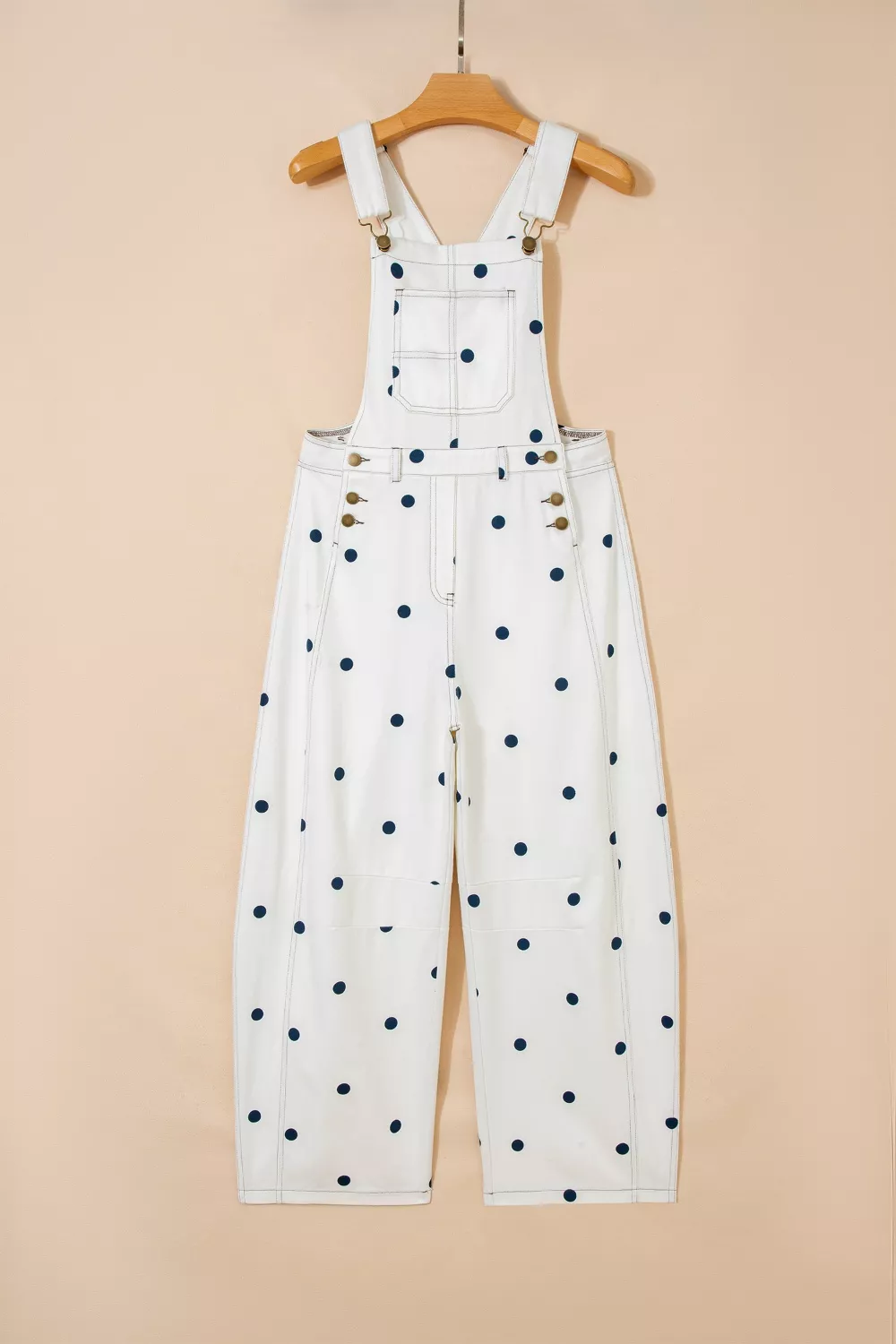 Polka Dot Print Bib Pocket Denim Barrel Overalls Jumpsuit, image 5