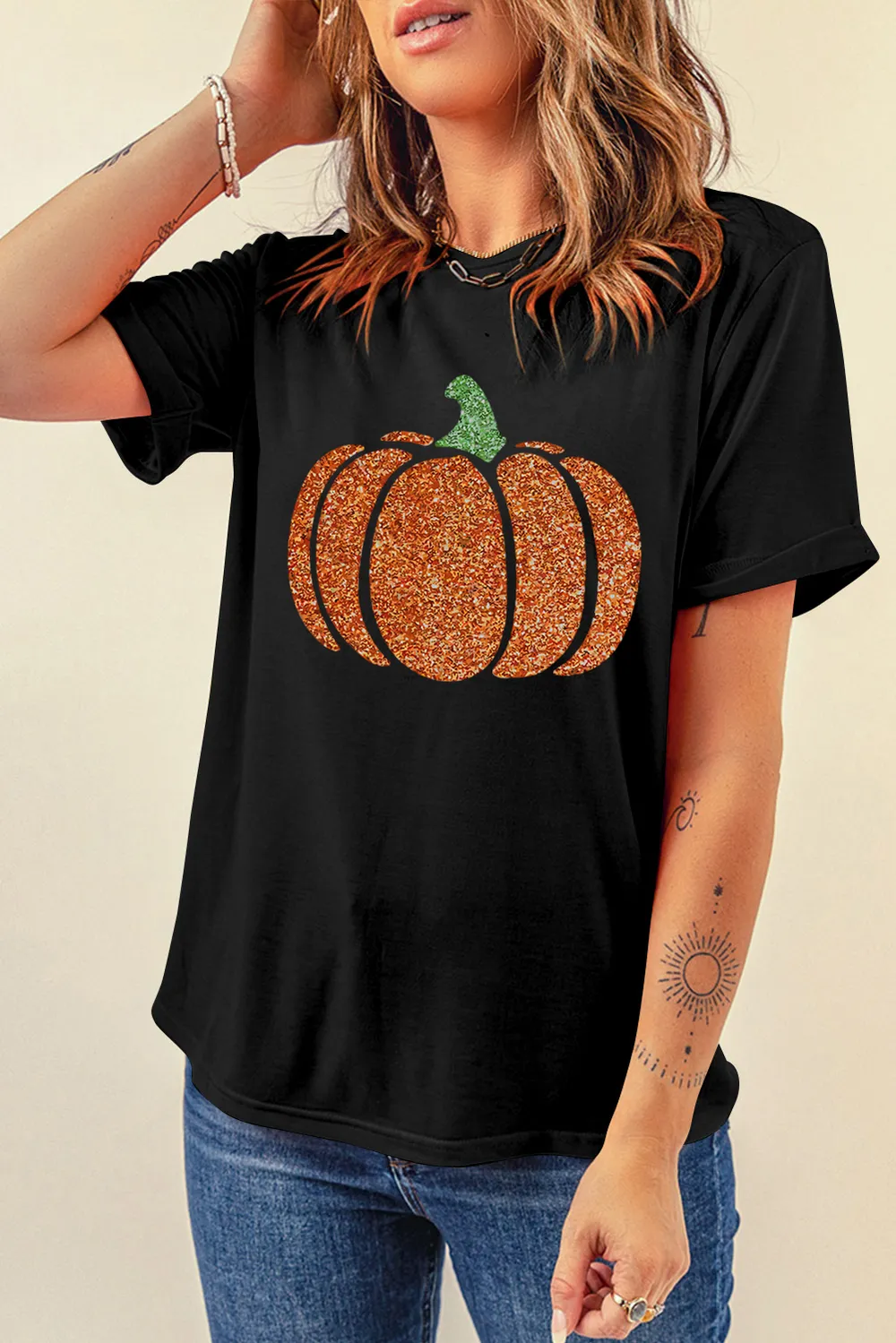 Glitter Pumpkin Round Neck Short Sleeve T-Shirt, image 3
