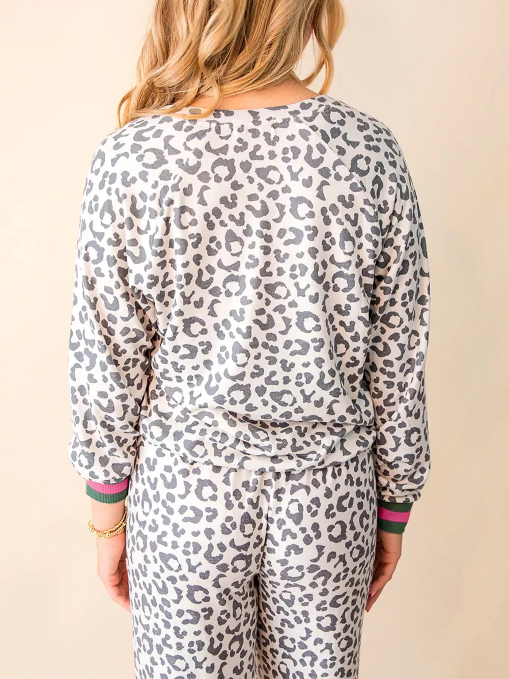 V Neck Leopard Long Sleeve Top Striped Webbing Patchwork Drawstring Pant Set, image 4