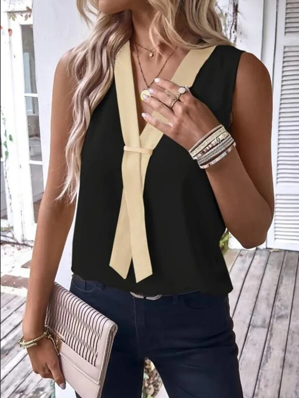 Full Size V-Neck Contrast Tank Plus Size, image 7