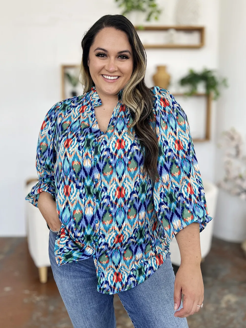 Full Size Printed Balloon Sleeve Blouse, image 7