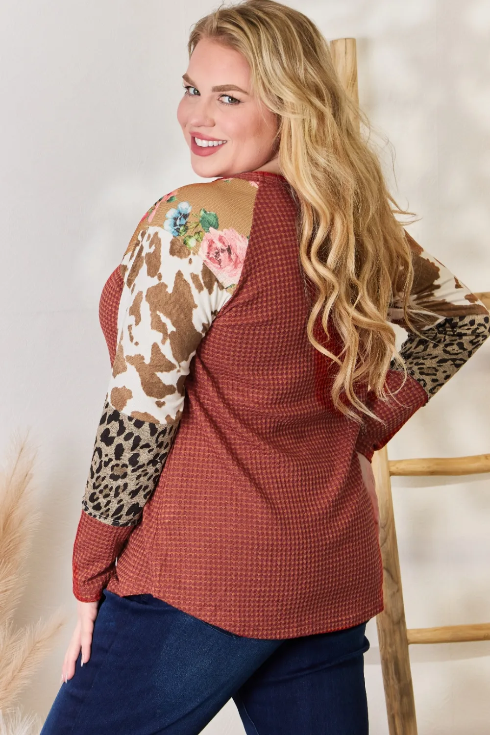 Full Size Leopard Waffle-Knit Blouse, image 4