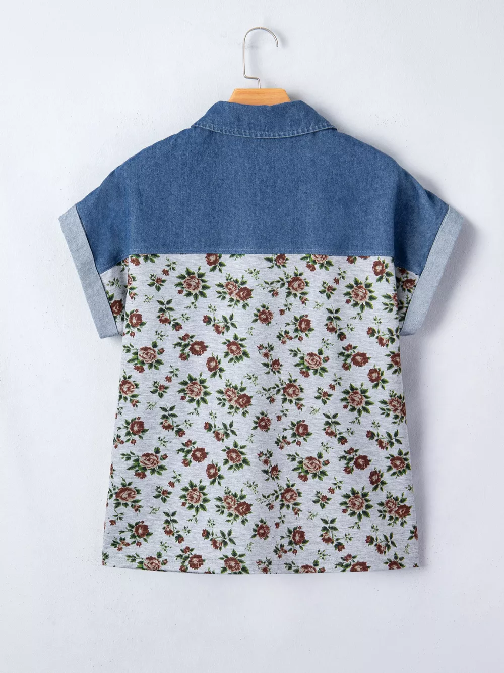 Floral Print Denim Patchwork Blouse, image 5