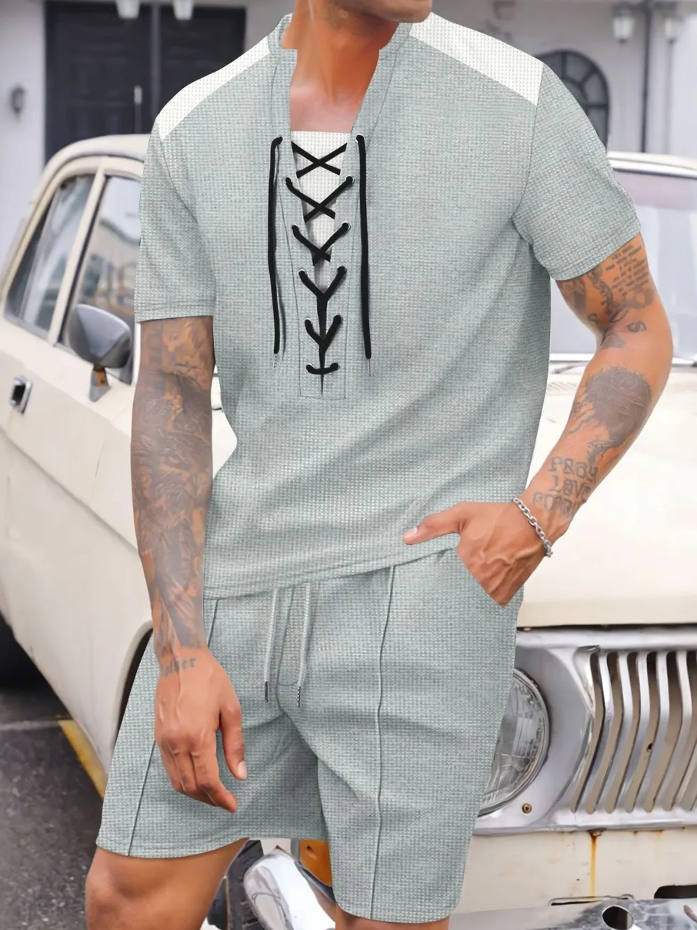 Men's Full Size Lace-Up Waffle Knit Top and Shorts Set Plus Size, image 6