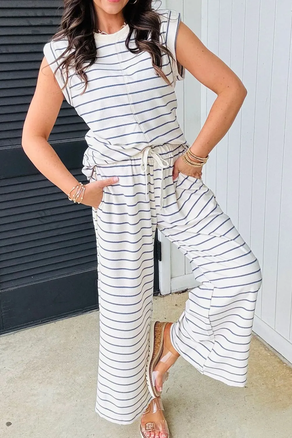 Striped Round Neck Top and Pants Set
