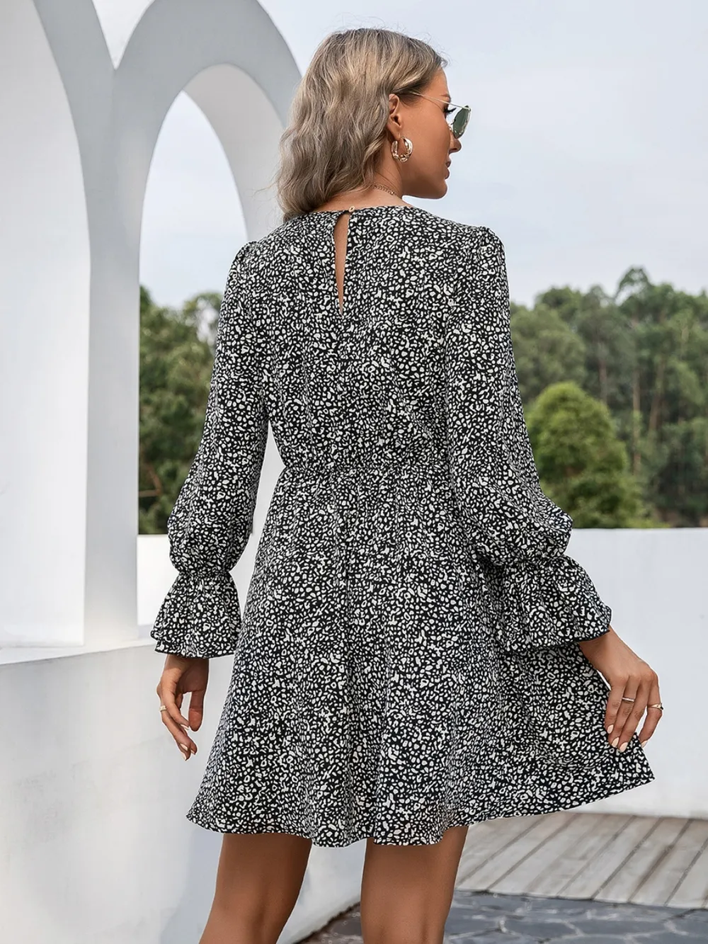 Decorative Button V-Neck Flounce Sleeve Dress, image 9