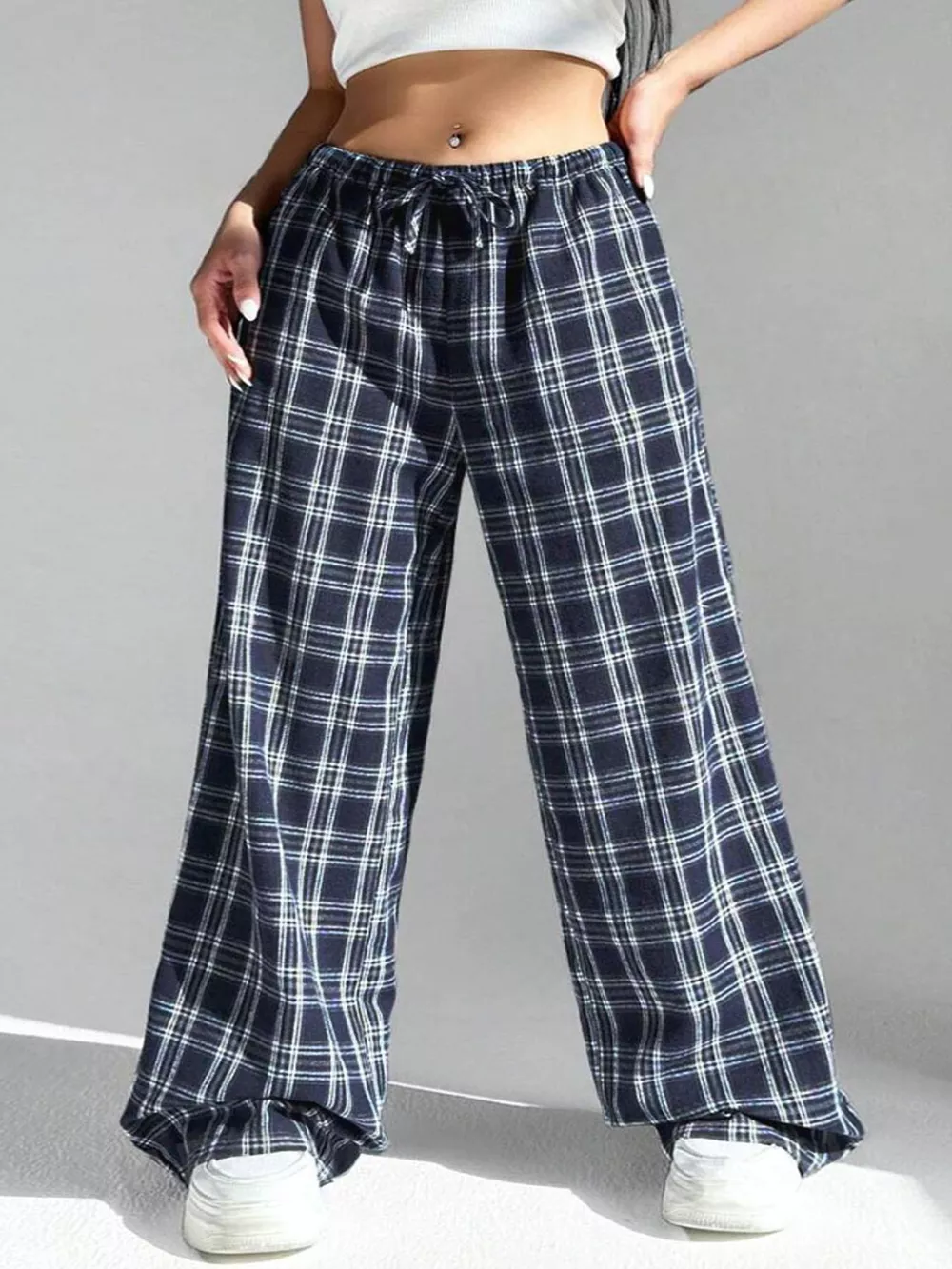 Plaid Drawstring Wide Leg Pants, image 8