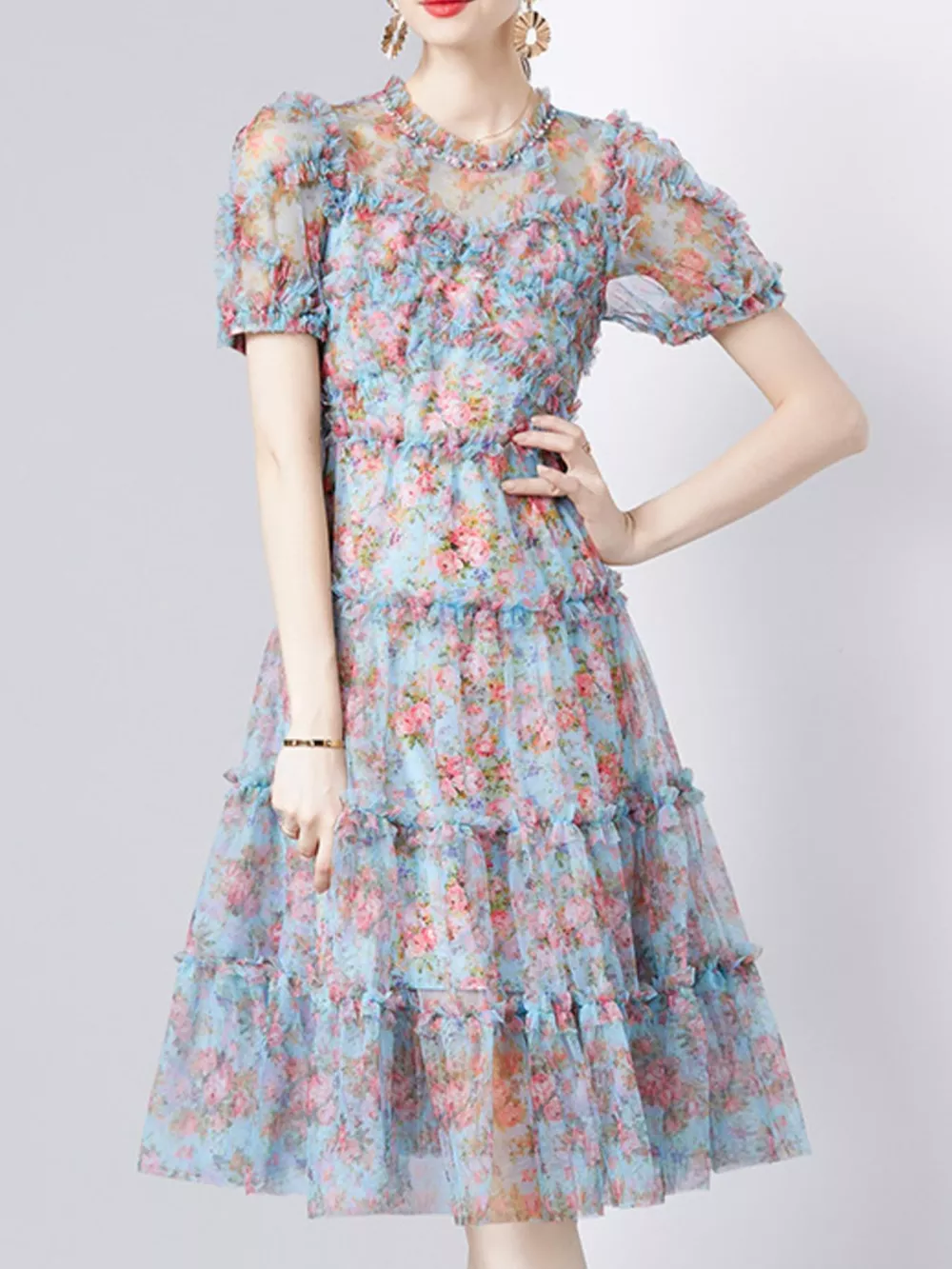 Frill Floral Print Short Sleeve Dress, image 5