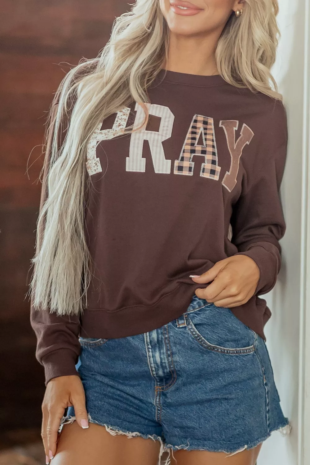 Plaid 'PRAY' Crew Neck Sweatshirt, image 2