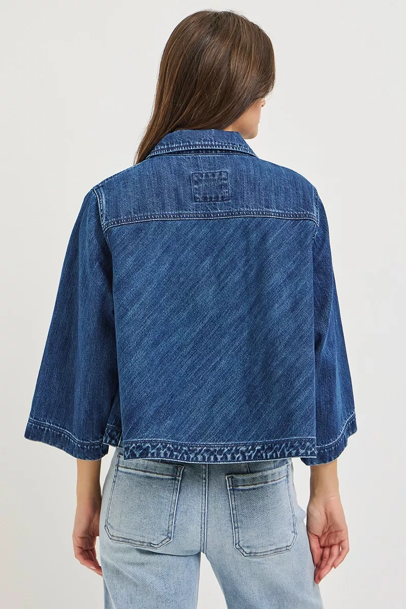 RISEN Double-Breasted Flowy Cropped Denim Jacket, image 3