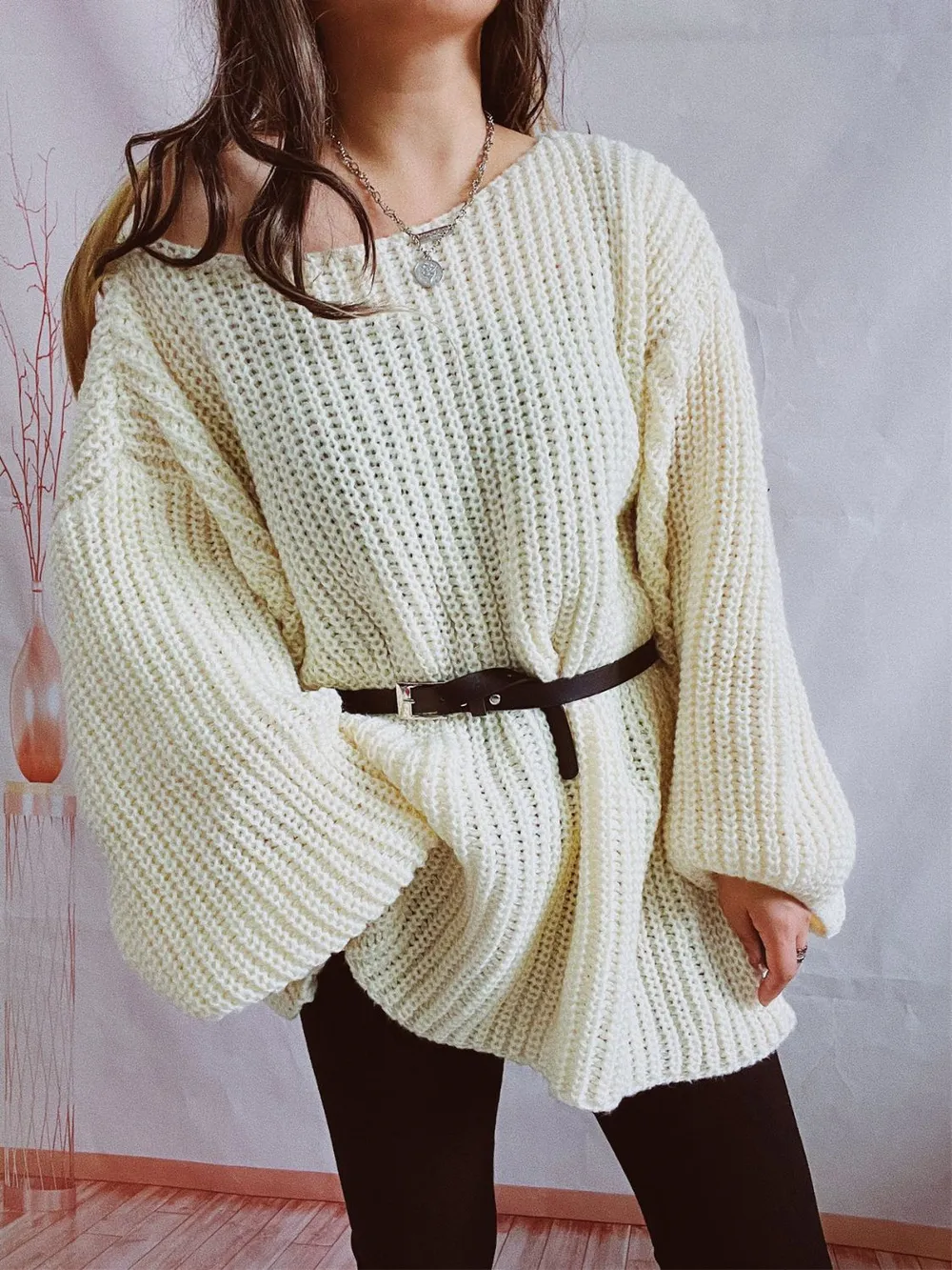 Boat Neck Long Sleeve Sweater with Belt, image 7