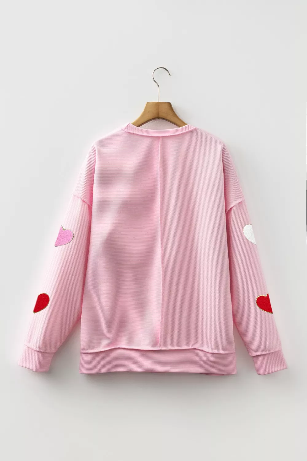 Ribbed Texture Chenille Heart Glitter Trim Patched Long Sleeve Top, image 4