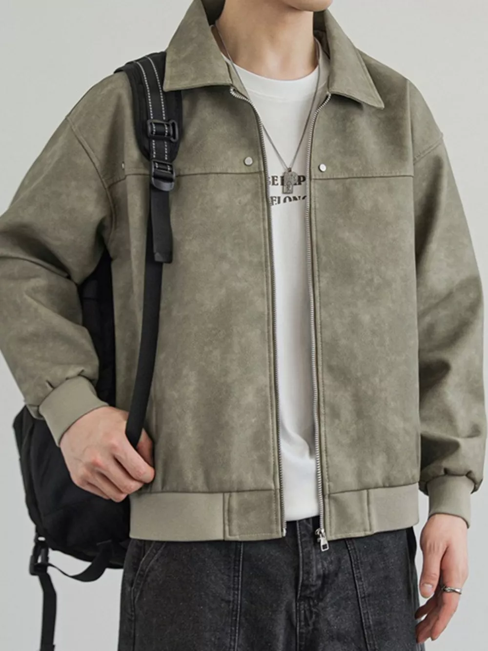 Men's Plus Size Zip Up Faux Leather Shacket, image 7