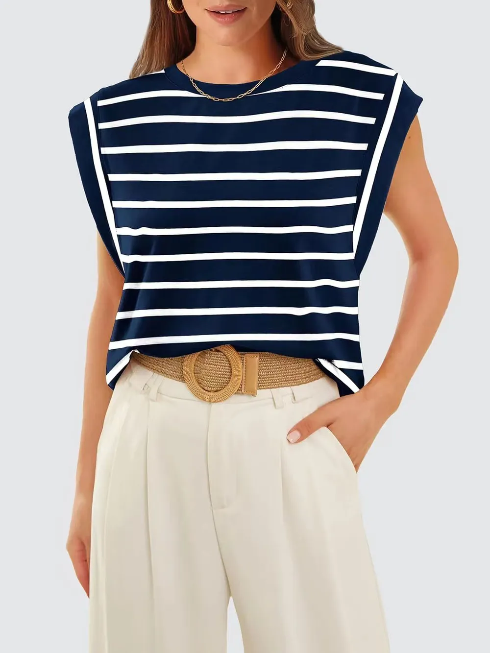 Striped Round Neck Cap Sleeve T-Shirt, image 11