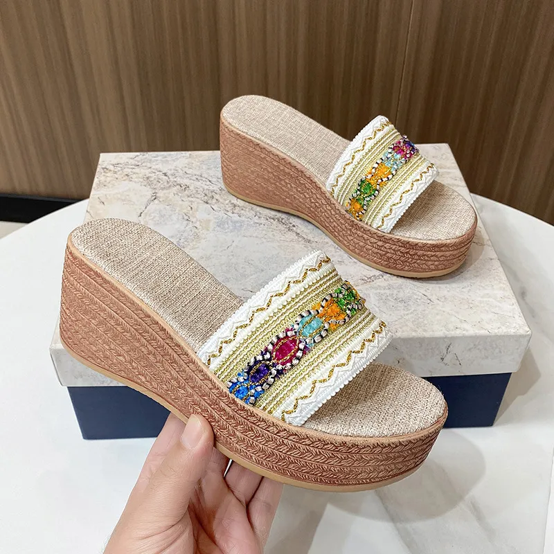 Contrast Cloth Wedge Sandals, image 2