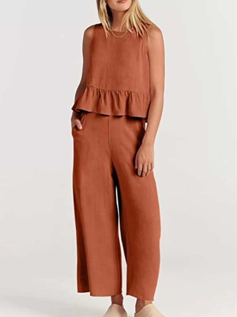 Full Size Ruffled Hem Sleeveless Top and Wide-Leg Pants Set Plus Size, image 28