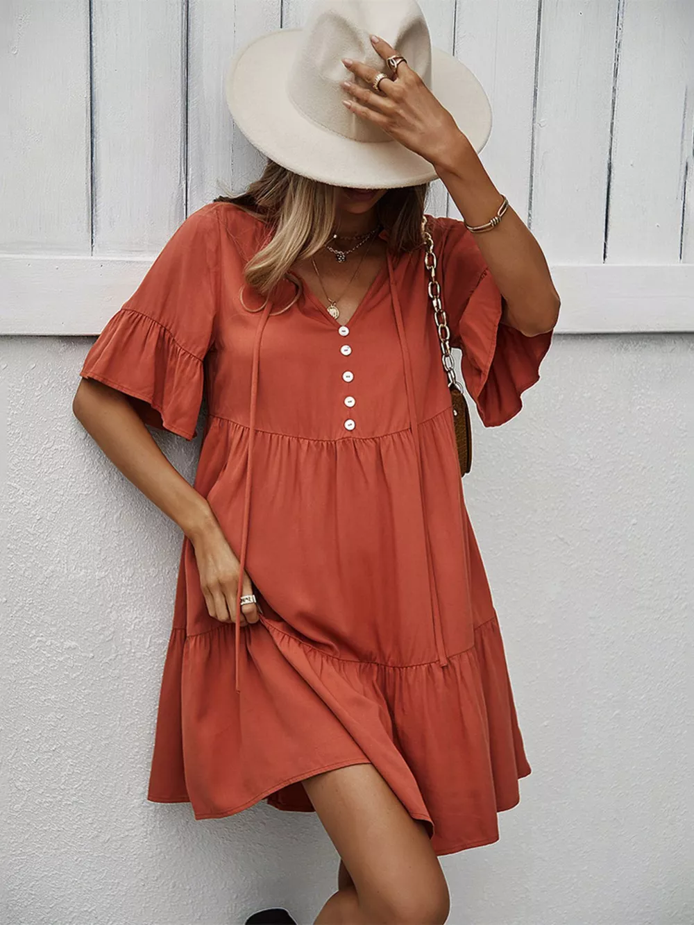 Boho Ruffle Sleeve Button Down Tiered Mini Dress, image 3