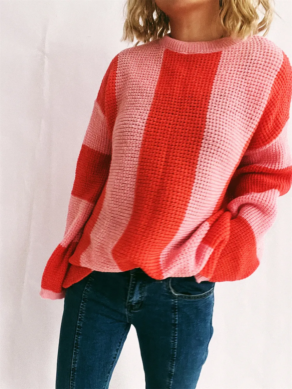 Color Block Round Neck Long Sleeve Sweater, image 8