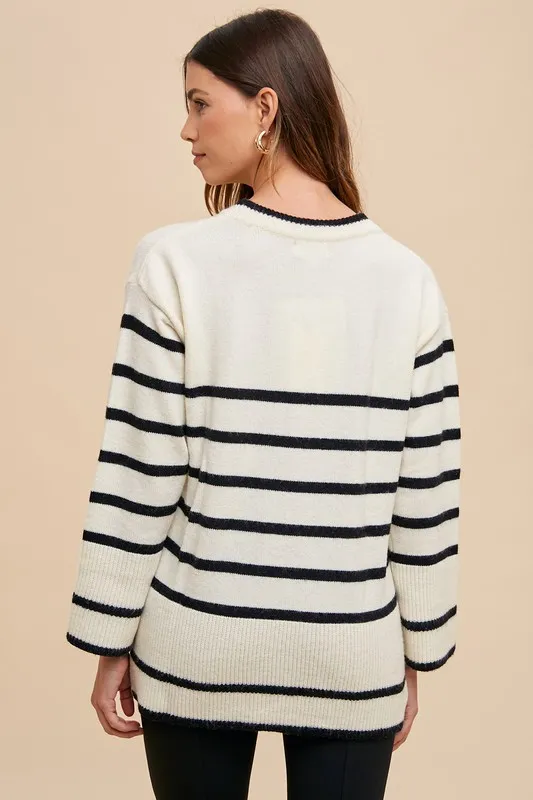 Side Slit Striped Round Neck Sweater, image 2