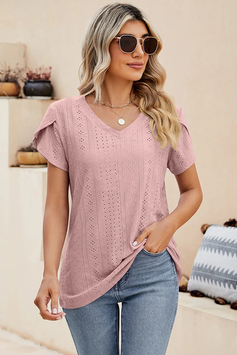 Eyelet V-Neck Petal Sleeve T-Shirt, image 21