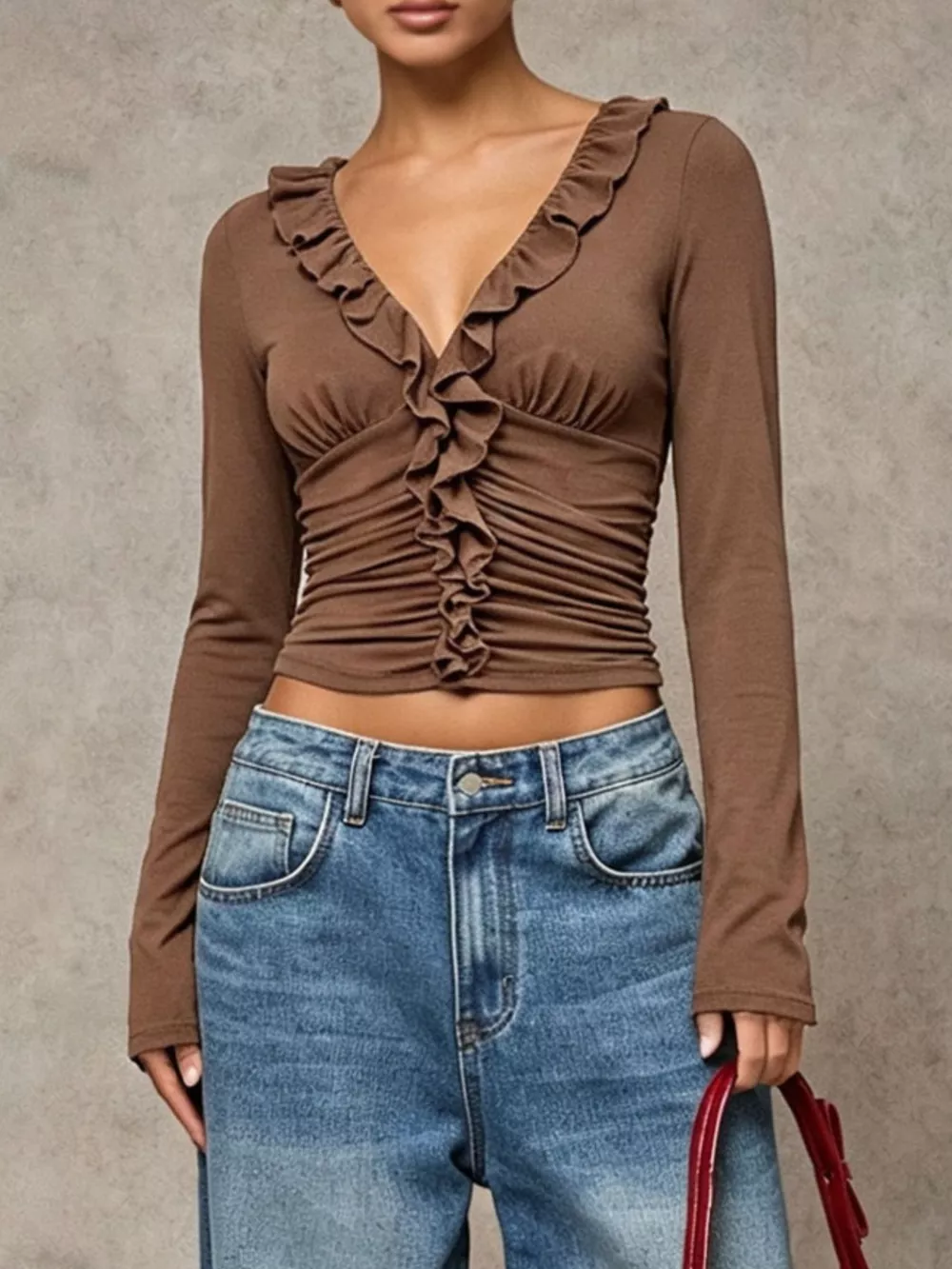 V-Neck Ruffle Trim Ruched Long Sleeve Slim Fit Top