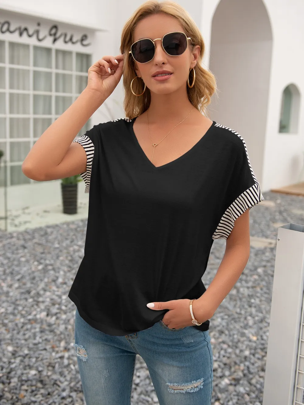 Striped V-Neck Short Sleeve T-Shirt, image 2