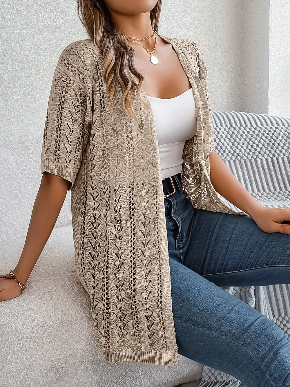 Openwork Open Front Half Sleeve Cardigan, image 8
