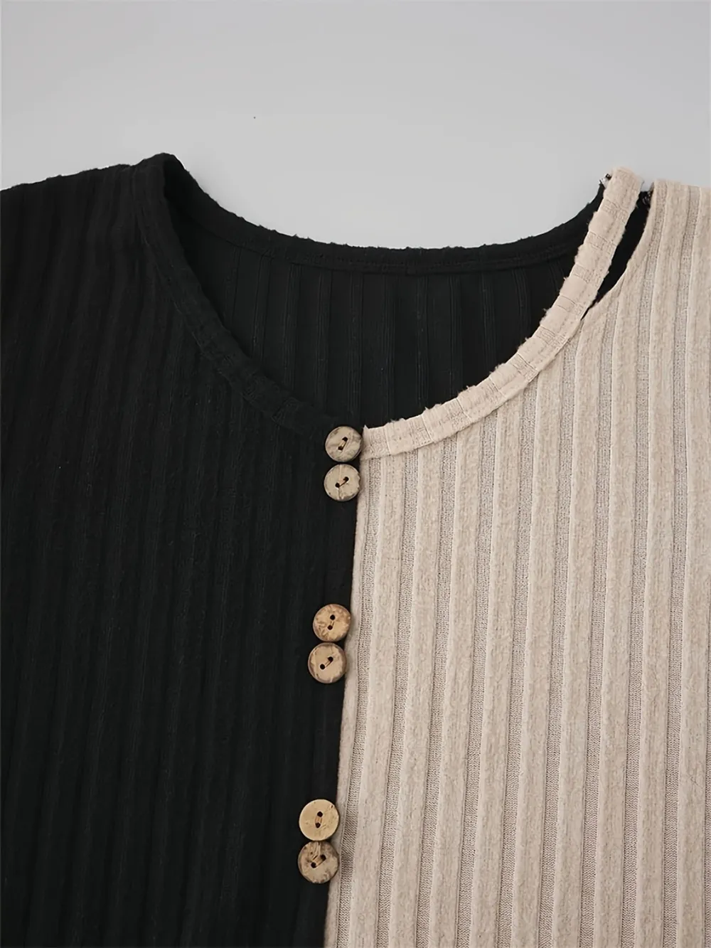 Decorative Button Contrast Round Neck Long Sleeve T-Shirt, image 4