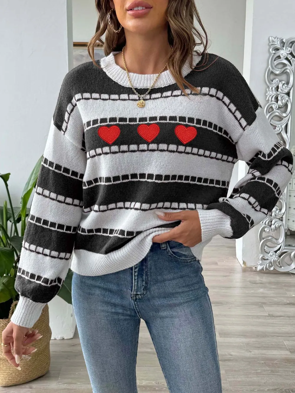 Heart Round Neck Long Sleeve Sweater, image 3