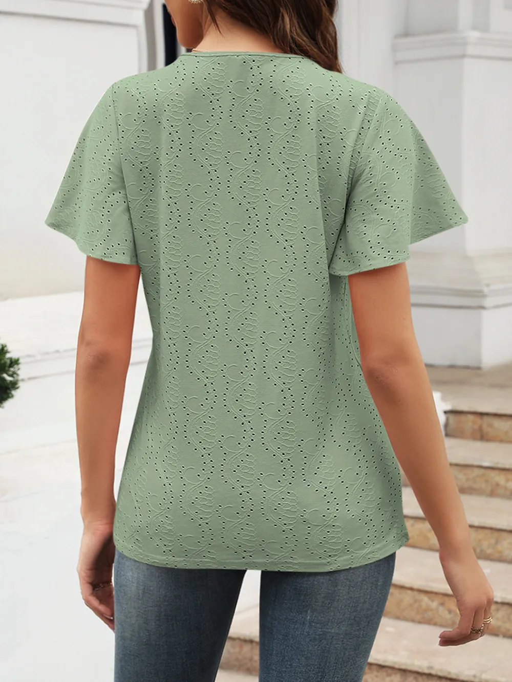 Eyelet V-Neck Short Sleeve Blouse, image 11